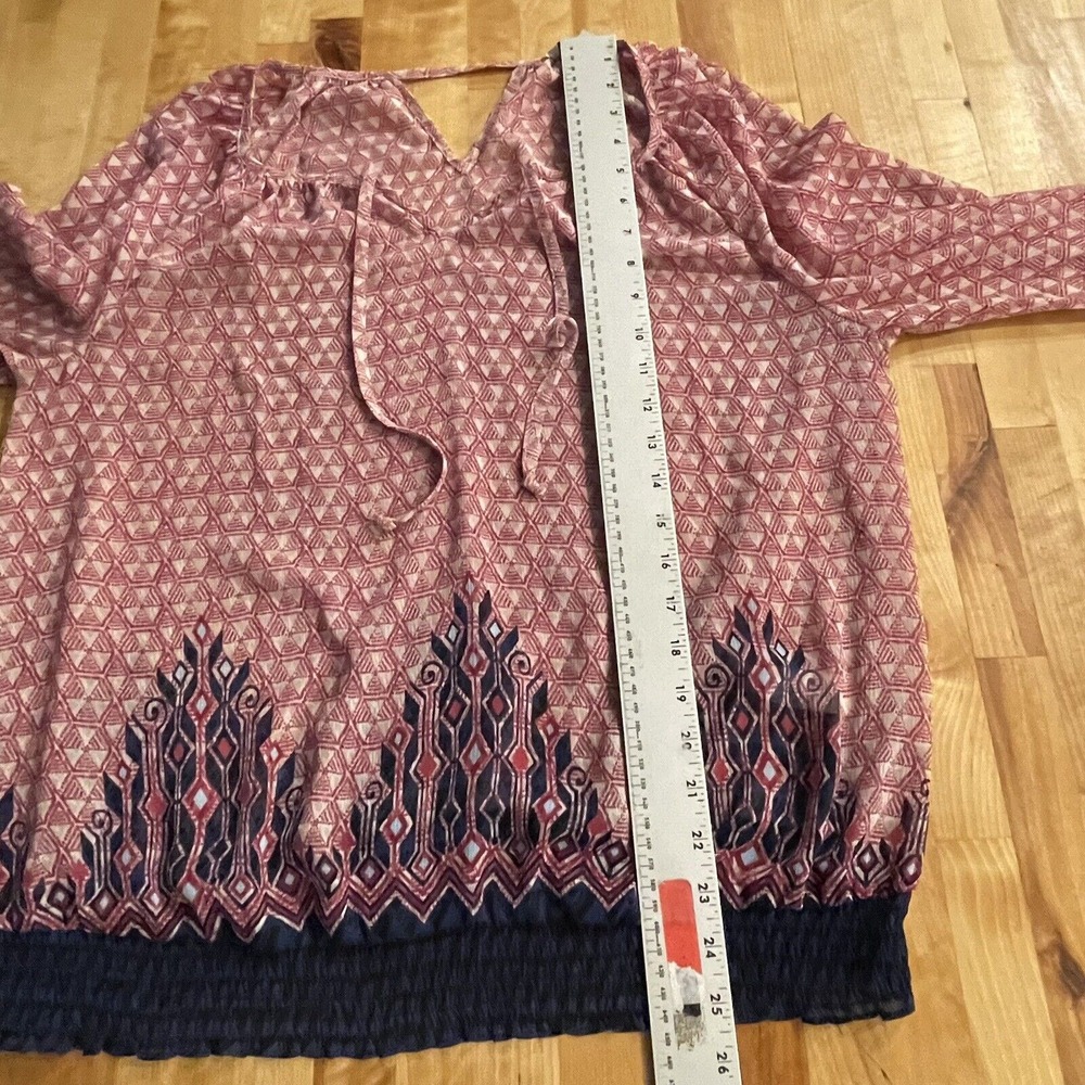 Lucky Brand Top Long Sleeve Blouse V Neck Tie Semi Sheer Peasant Size 1X Boho - Picture 10 of 11